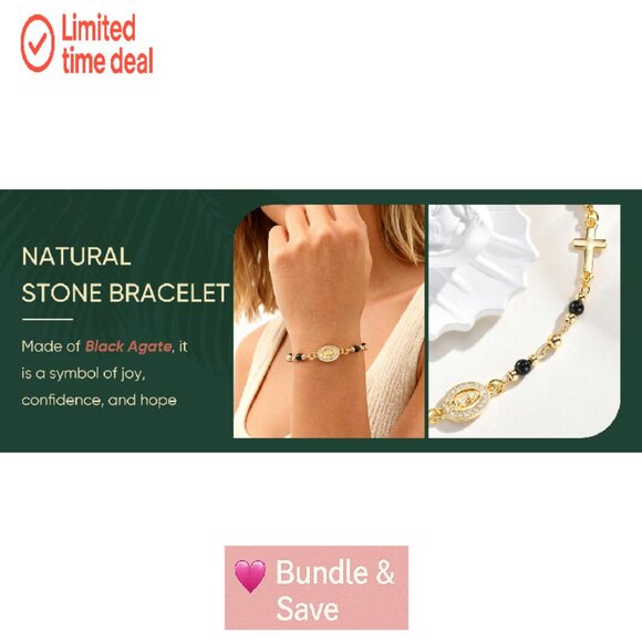 14K Gold Plated Virgin Mary Cross Bracelet Adjustable Natural Stone - Picture 8 of 8